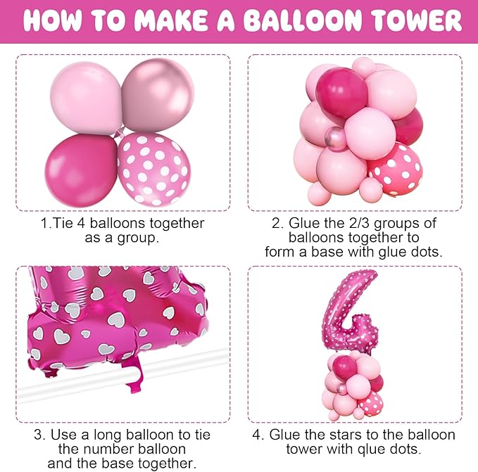 Pink 4th Birthday Balloons Decorations, Hot Pink Rose Polka Dots Balloon Arch Kit, Huge Bow Foil Balloons, pink Number 4 Balloon Tower for Baby Shower Girls Princess 4th Theme Party