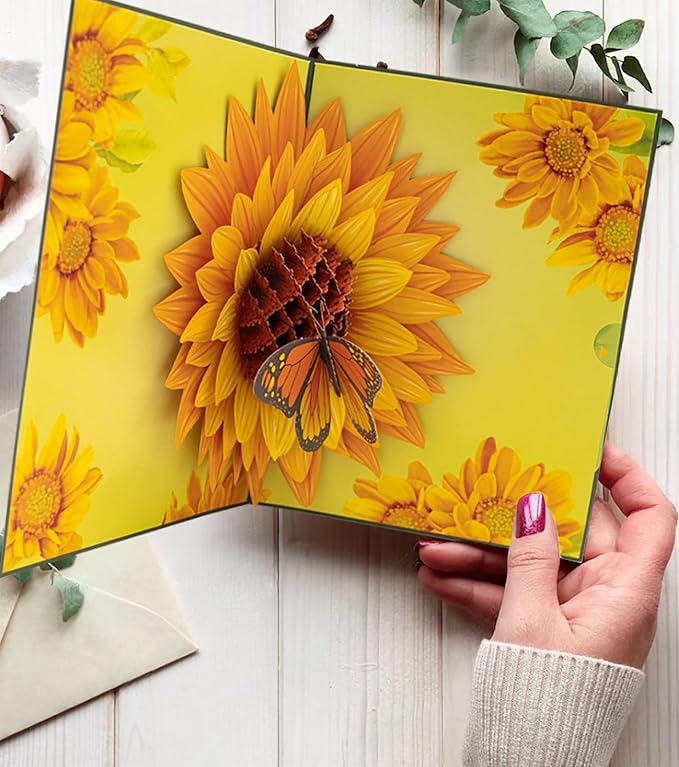 Flying Butterfly Pop Up Card, 3D Sunflower and Butterfly Birthday Popup Card for Valentines Day, Graduation, Anniversary, Thinking of You, Thank You, All Occasions