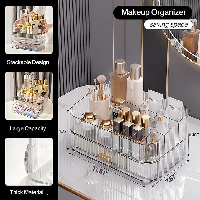 Clear Makeup Organizer for Vanity, Large Desk Organizer with Stackable Drawer for Cosmetics, Skincare, Lipsticks, Palette, Nail Care, Ideal Storage for Dresser and Bathroom Countertop
