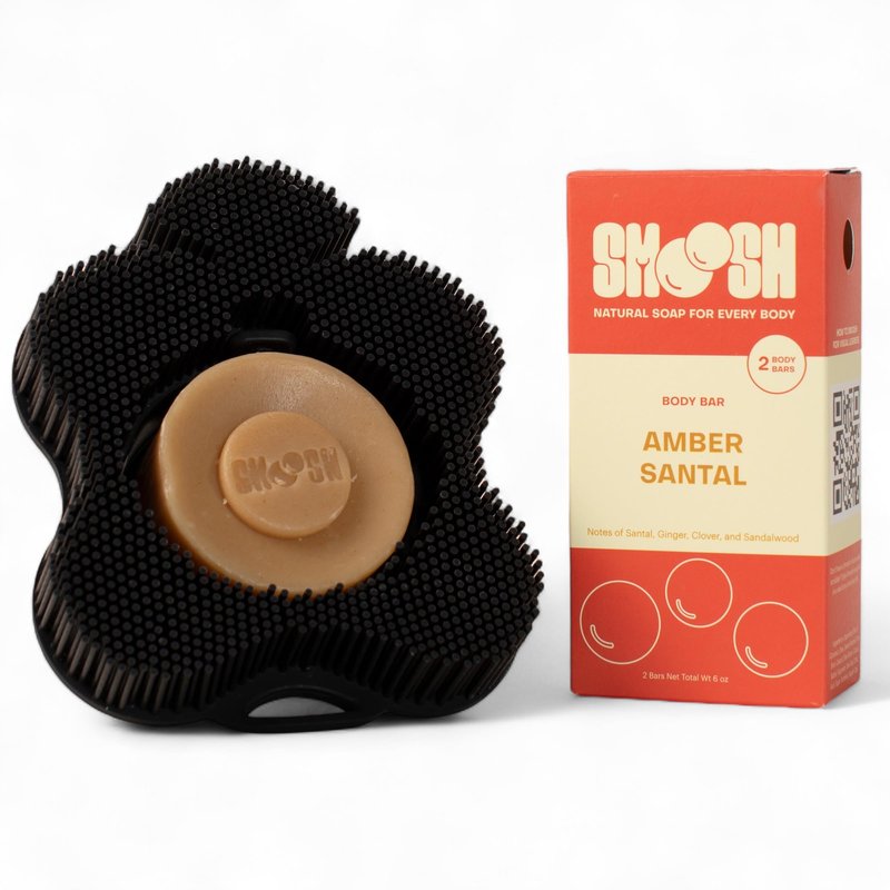 Smoosh® Body Scrubber, Black & 2-Count Bar Soap, Amber Santal - Silicone Body Scrubber with Embedded Bar Soap for Shower Exfoliation and Cleansing