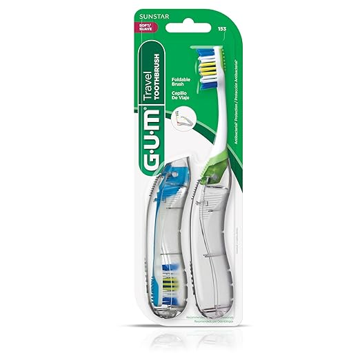 GUM Folding Travel Toothbrush, Compact Head + Tongue Cleaner, Soft Bristled Travel Toothbrushes for Adults, 2ct (Pack of 2)