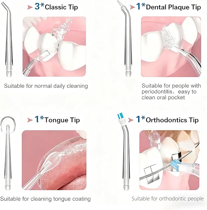 Water Dental Flosser Teeth Pick, Cordless Portable Oral Irrigator for Teeth, Dentures, and Braces 4 Modes & Jet Tips, IPX7 Waterproof (White)
