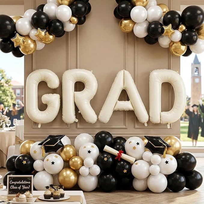Biapian 40 Inch GRAD Balloons, Cream Letter Balloon, Beige Graduation Decorations, Large Banner With White Ribbon for Class of 2024 Party