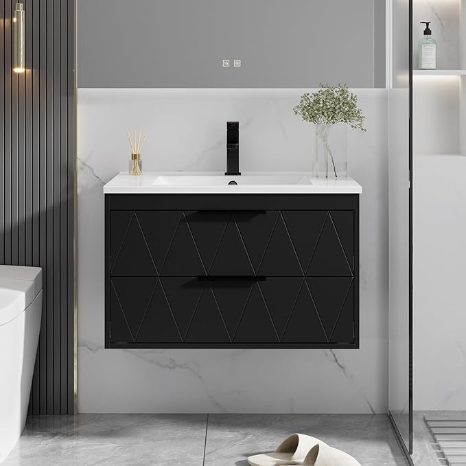 eclife 30" Bathroom Vanities Cabinet with Sink Combo, Wall Mounted Floating Cabinet W/Decor Line, Soft-Close System, 2 Extra Big Drawers, Matte Black Faucet, Black