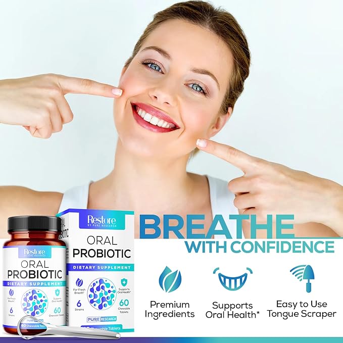 Oral Probiotics & Tongue Scraper for Bad Breath Support - Chewable Dental Probiotic for Teeth & Gums & Fresh Breath - 6 Probiotic Strains - BLIS M18 - Supportive Oral Probiotic - Mint Flavored - 60ct