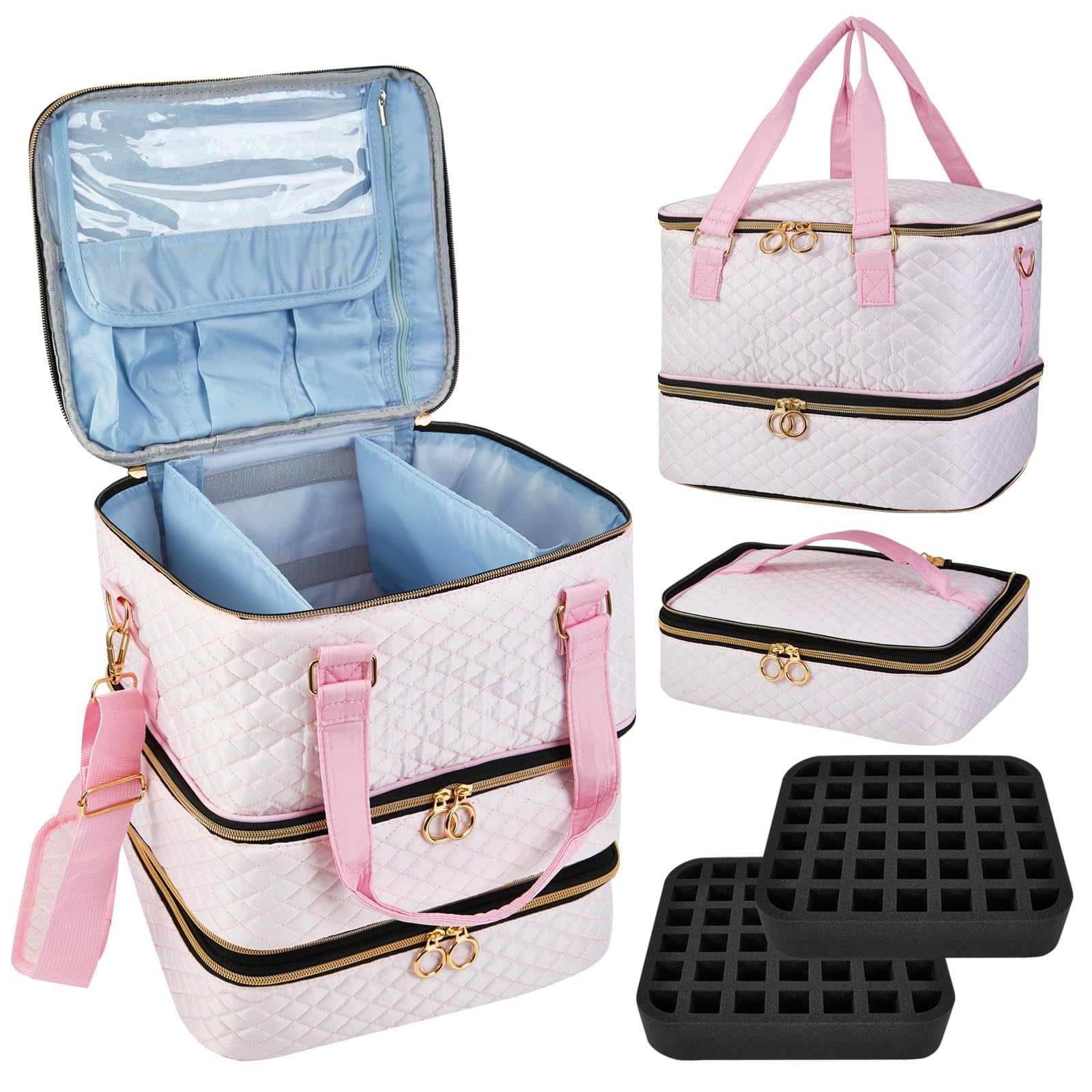 Cheungren Nail Polish Organizer Case - Three Layer Nail kit Storage Bag with Adjustable Dividers Holds 84 Bottles Nail Polish Nail Lamp Nail Kit Supplies Organizer Box - Pink