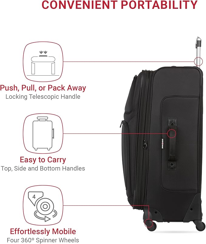 SWISSGEAR Sion Softside Expandable Spinner Luggage Durable Lightweight Travel Suitcase, Black, Checked-Large 29-Inch