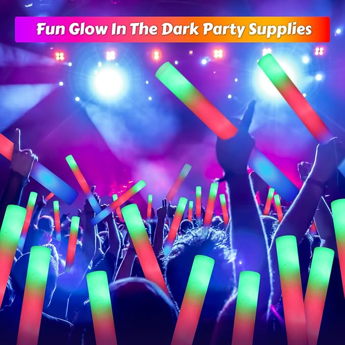 70 PCS LED Foam Glow Sticks Bulk, Glow in the Dark Party Supplies with 3 Modes Colorful Flashing, Foam Light Up Sticks for Wedding,Birthday,Neon Party,Carnival,Concert,New Year