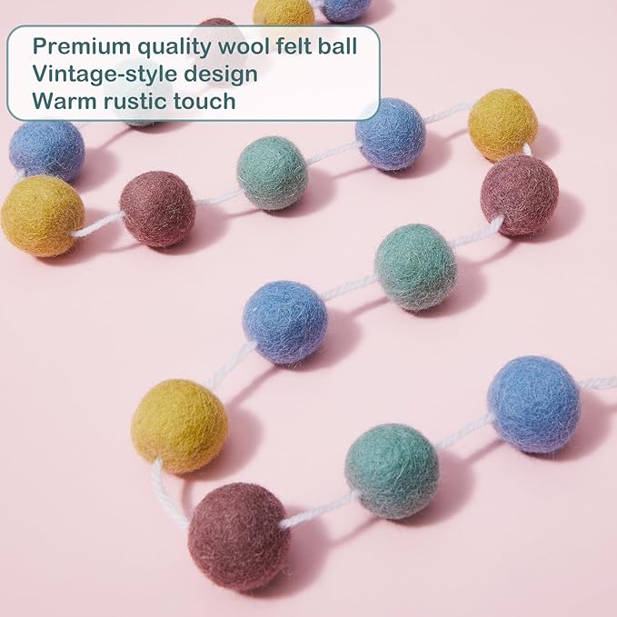 Boao 2 Pieces Wool Felt Ball Garland Colorful Pom Pom Garland Handmade 6.5 Feet Long 24 Balls Felt Banner for Wall Christmas Tree Decoration (Morandi Color)