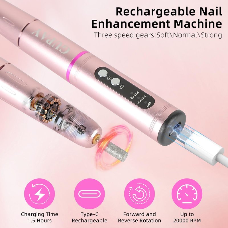GUPAY Cordless Nail Drill Kit - 20000RPM Rechargeable Electric Manicure File for Gel Acrylic Natural Nails Portable Efile Tool Women Beginners Home Use Salon Spa Essentials (Purple)