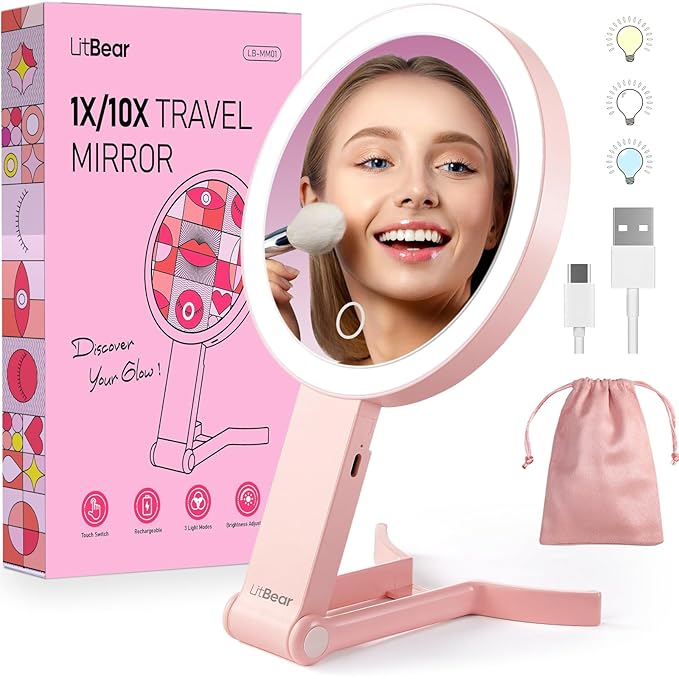 LitBear Travel Makeup Mirror with Lights, Rechargeable Double-Sided 10X/1X Magnifying Mirror, Portable Lighted Beauty Mirror, 3 Color Lighting, Dimmable Touch Screen, Tabletop Handhold Hanging (Pink)