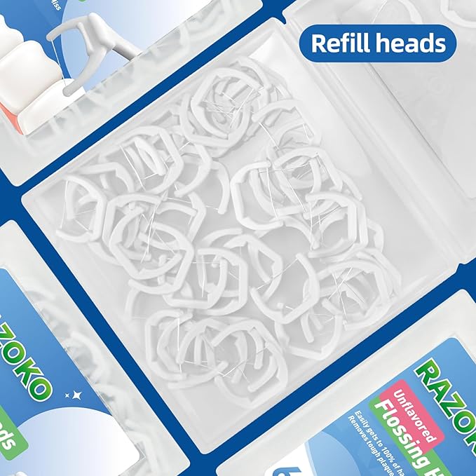 RAZOKO Dental Flosser Kit, Extra Strong Shred-Resistant Floss, for Hard-to-Reach Areas, PTFE & PFAS Free, 2 Handles + 240 Refill Heads