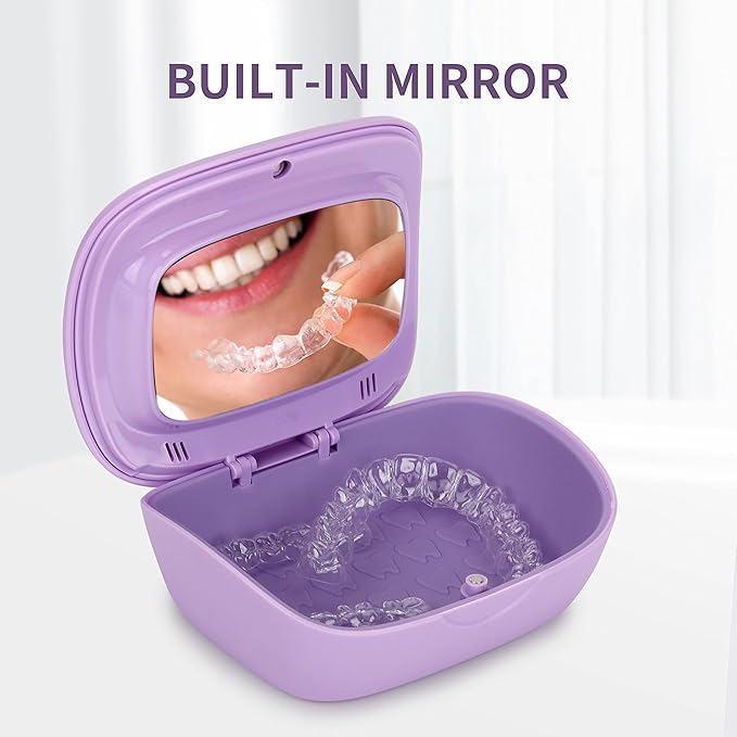 MURRI&MURRDI Retainer Case, Denture Bath Box with Strainer Basket, Mouth Guard Case, Braces Cleaner Cup, Cute Denture Holder Nightguard Storage Soak Container for Travel Cleaning (C Purple)