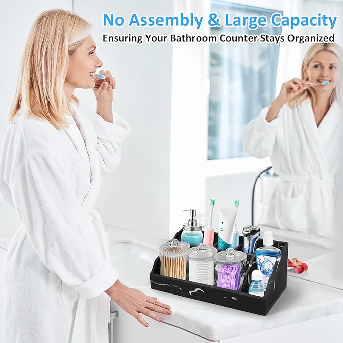 Marble Bathroom Countertop Organizer, Black Toothbrush Holders for Bathrooms Counter Organizer with 3PCS Qtip Dispenser, Toothbrush and Toothpaste Holder for Bathroom Organization Vanity Storage