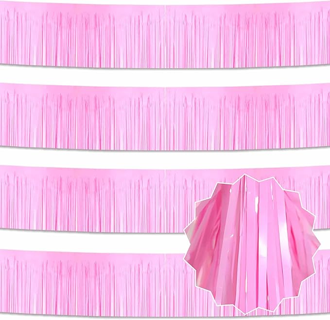 4 Pack 10 Ft Macaron Pink Foil Fringe Garland Metallic Streamers Tinsel Banner Wall Hanging Garland Backdrop for Parade Floats, Graduation, Theme Party, Carnival, Birthday, Wedding Party Decorations