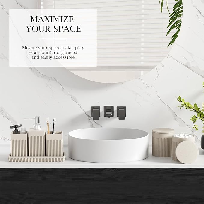6-Piece Beige Bathroom Set - Sleek Resin Bathroom Accessories Set with Soap Dispenser, Toothbrush Holder, Vanity Tray, Tumbler & Apothecary Jars for Small Spaces