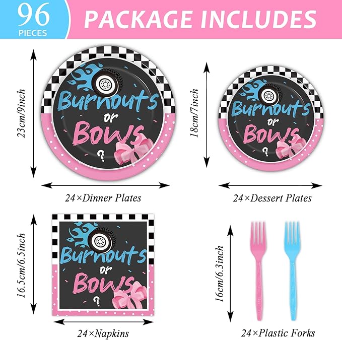 chiazllta 96 Pcs Gender Reveal Burnouts or Bows Party Plate and Napkins Supplies Disposable Tableware Decor Party Paper Plates Napkins for Party Favors 24 Guests