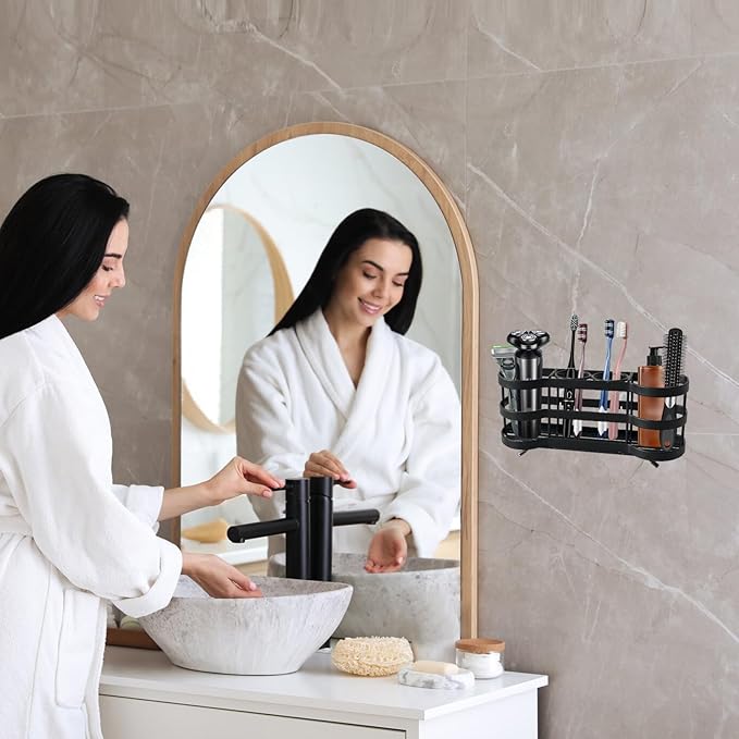 Wall Mount Toothbrush Holder for Shower Stainless Steel Toothbrush Stand, Self-Adhesive Wallmount/Countertop 4 Slots Bathroom Accessories Organizer (Black 1)