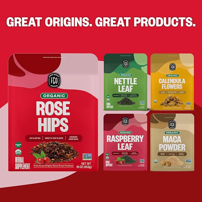 FGO Organic Rosehips Tea, Cut and Sifted, 16 Ounce Resealable Bag, Packaging May Vary (Pack of 1)