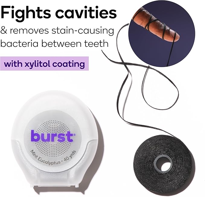 BURST Expanding Dental Floss (Mint Eucalyptus/40 Yards) | Stain Absorbing & Woven Tooth Floss with Xylitol Coating to Fight Cavities | Vegan | Paraben Free Expanding Floss