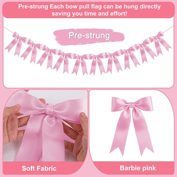 Barbie Pink Bow Garland Bow Banner Bow Party Decorations Pre-Strung Large Coquette Satin Ribbon for Birthday Bachelorette Party Bridal Shower Wedding Engagement Baby Shower