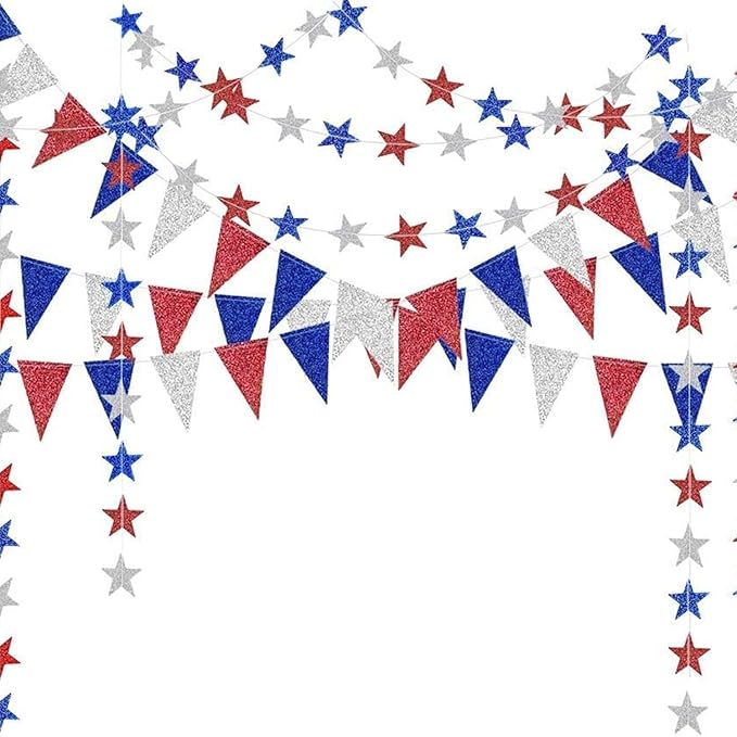 Decor365 4th of July Patriotic Decorations Set Glitter Star Streamers Pennant Bunting Banner Red White Blue Garland for Independence Day Veterans Labor Day Decor Holiday Memorial Day Party Supplies