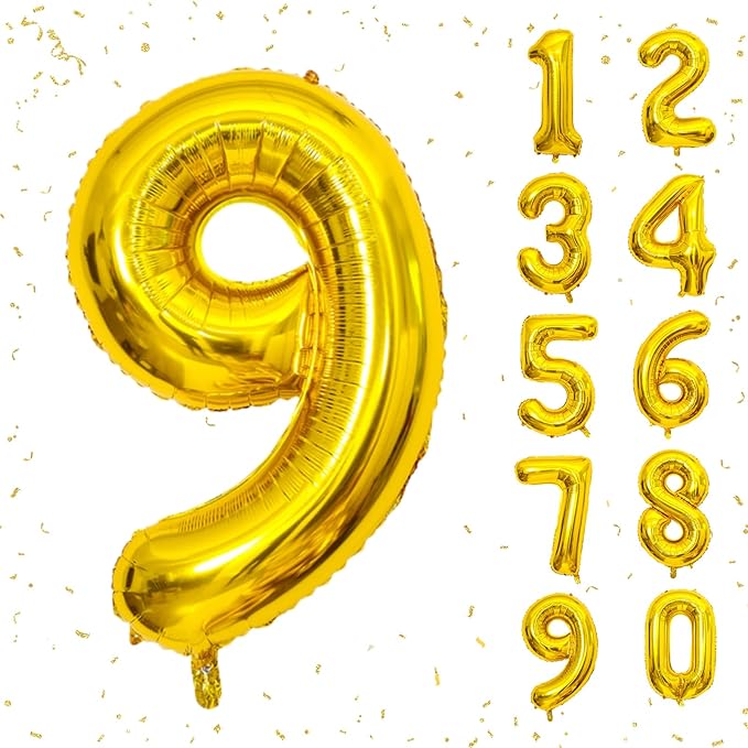 40 Inch Gold Number Balloons, Helium Mylar Foil Number Balloons for Birthday, Number 9 Balloon for 9st Birthday Decorations for Kids, Anniversary Party Decorations Supplies