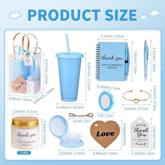 56Pcs Baby Shower Prizes for Game Winners Baby Shower Favors Gifts including Plastic Tumbler Notebook Scented Candles Ballpoint Pen Mirrors with Hair Brushes Bracelet Gift Bag (Blue)