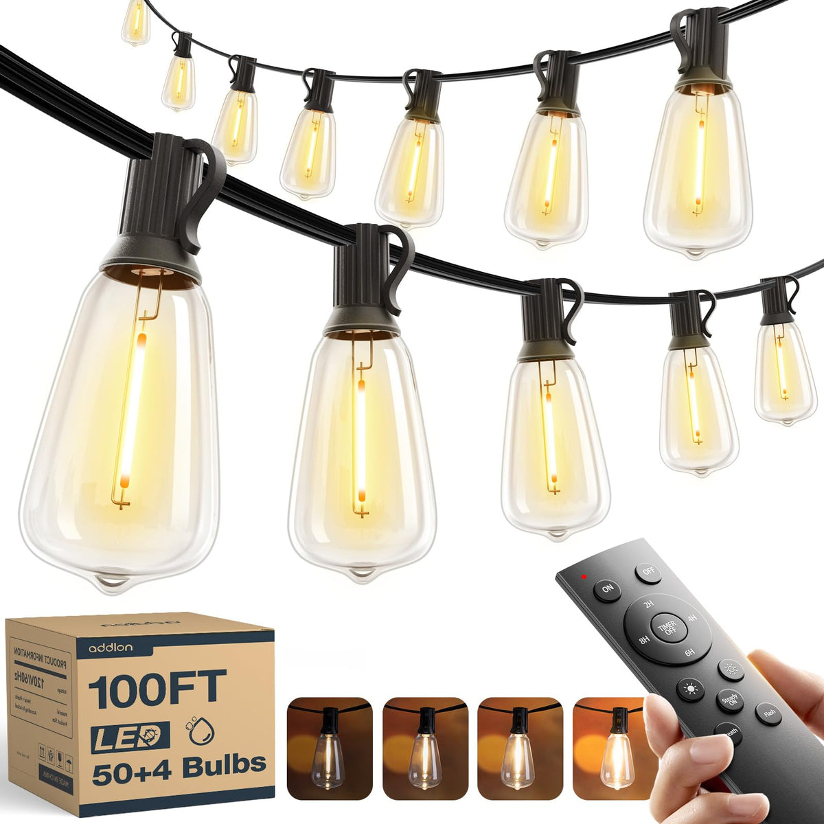 addlon 100FT(50FT*2) LED Outdoor String Lights with Remote Waterproof Patio Lights with 54 Shatterproof ST38 Replaceable Bulbs(4 Spare), Dimmable Outside Hanging Lights Connectable for Porch, Backyard