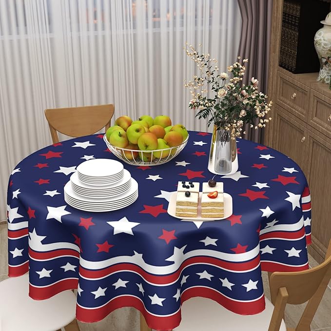 4th of July Tablecloth Round 60 Inch Patriotic Independence Day American Flag Table Cloth Washable Navy Blue Memorial Day Table Cover for Kitchen Dinner Room Holiday Picnic Party Indoor Outdoor Decor