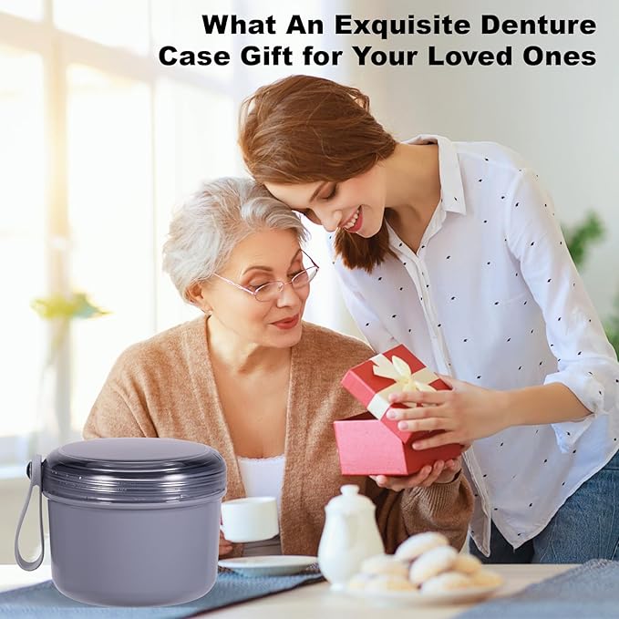 Denture Case, Leak Proof Denture Bath Cup for Travel, Denture Container Cups for Soaking Full & Partial Dentures, Retainers, Denture Cleaning Kit Holder Box with Denture Cleaner Brush-Grey