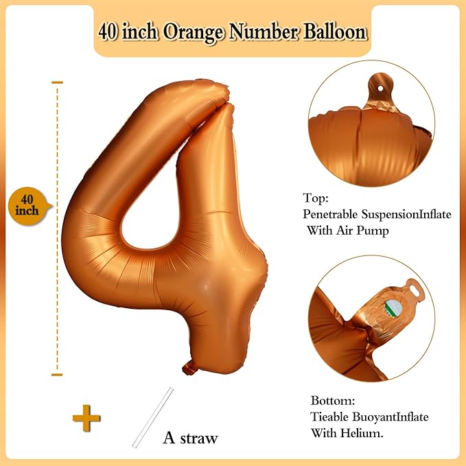40 inch Orange Number Balloon Giant Foil Helium Balloons for 4th Birthday Party Decorations