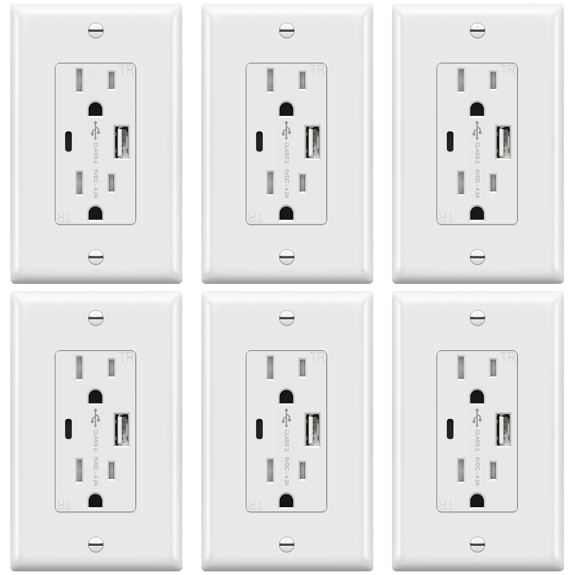 TOPGREENER USB Outlet, 4.2A Type C & Type A Wall Outlet, 15 Amp Tamper Resistant Receptacle Plug, Charging Power Outlet with USB Ports, Wall Plate Included, UL Listed, TU21536AC-W-6PCS, White, 6 Pack