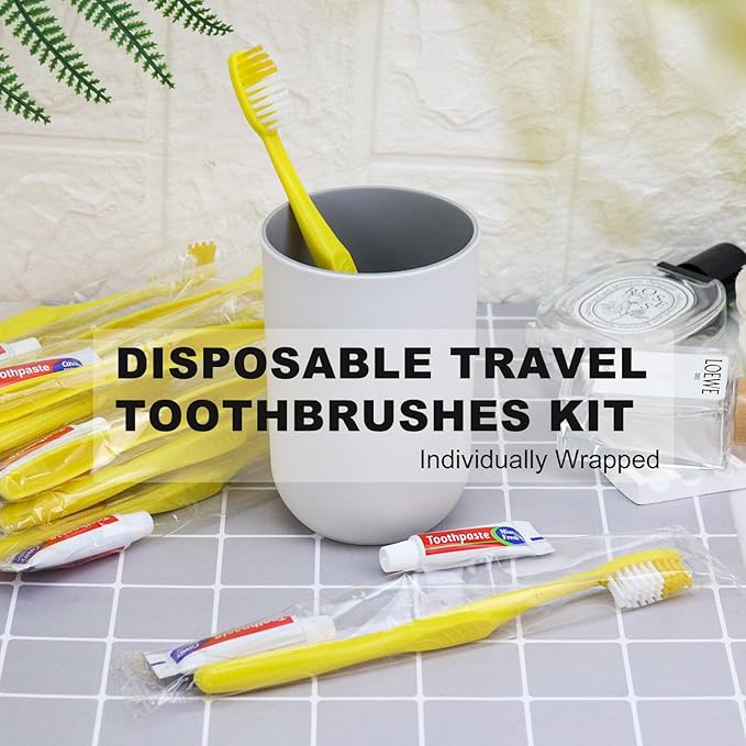 Disposable Toothbrushes with Toothpaste,300 Pack Yellow Hollow Individually Wrapped Disposable Travel Toothbrushes Kit in Bulk for Homeless,Nursing Home,Hotel,Charity