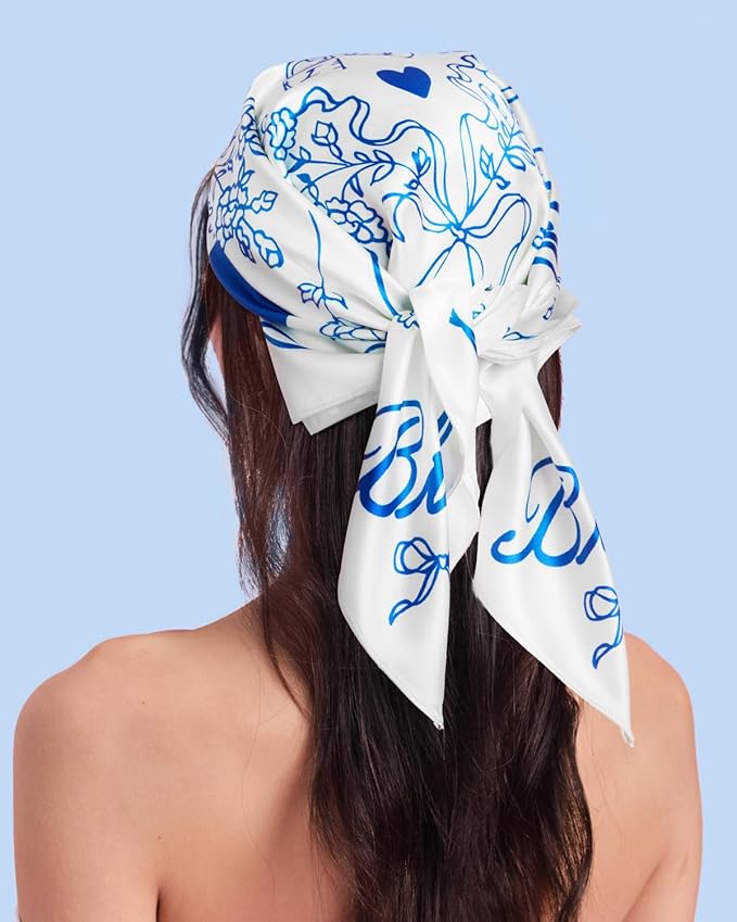 xo, Fetti Bride Head Scarf, 27x27 in | Bachelorette Bandana, Bridal Headwear, Bach Party Accessory, Bridesmaid Gift, White Wedding Handkerchief, Something Blue Silk Hat