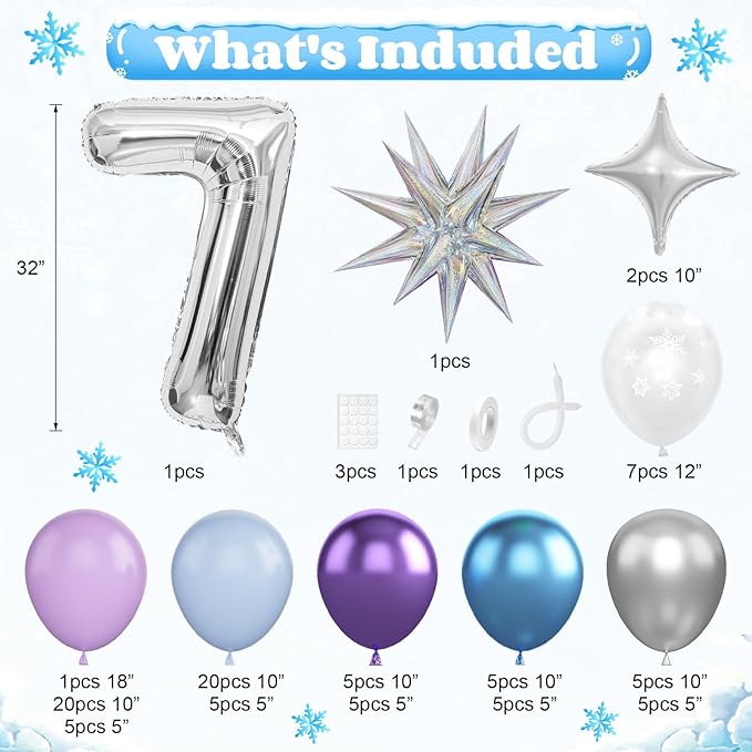 Snow 7th Birthday Decorations Girl, Snowflake Balloon Garland Arch Kit, Laser Explosion Star Balloons, Silver Number 7 Balloon Tower for Baby Shower Girls 7th Snow Theme Party Supplies