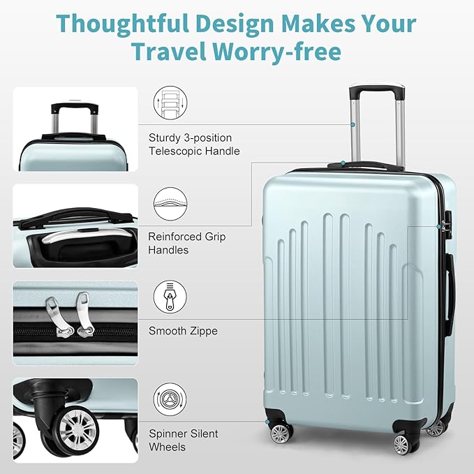 Karl home Luggage Sets 3 Piece, ABS Hardside Suitcase Set with Double Spinner Wheels & TSA Lock for Travel Business, 3-Piece Set (20/24/28), Mint Green