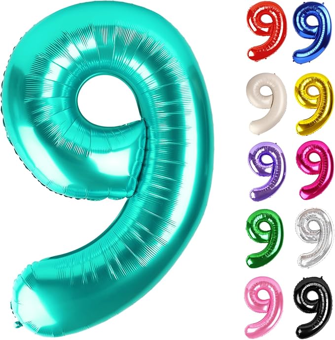 Teal Number 9 Balloon 40 Inch, 9 Balloon Number, 9th Birthday Decorations, Teal Party Supplies for Boys Girls