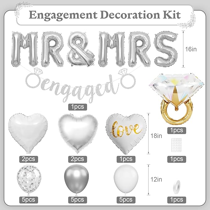 Silver Engagement Party Decorations, MR and MRS Balloons Decor, Metallic Silver Confetti Balloons, Love Heart and Diamond Ring Foil Balloon with Engaged Banner for Wedding Engagement Party Decoration