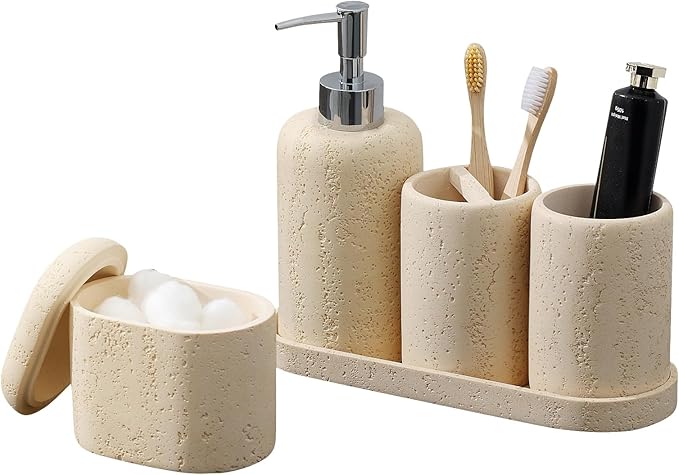 Bathroom Accessories Set, 5PCS Modern Bathroom Accessory Set with Soap Dispenser, Mouthwash Cup & Toothbrush Holder, Qtip Holder, Tray