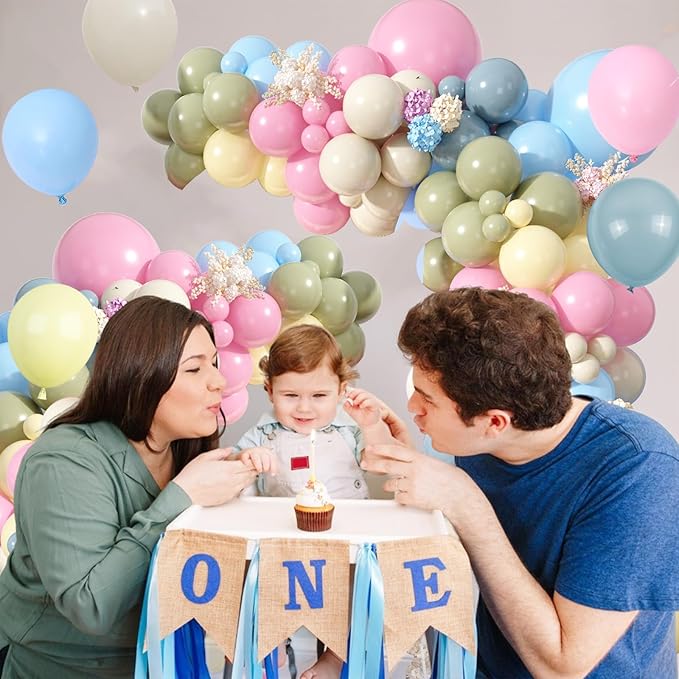 FunHot Blue Pink Yellow Balloon Arch Kit, Pastel Balloon Garland with Baby Pink Light Fog Blue Yellow Sage Green Ivory White Balloons for Baby Shower Gender Reveal Wedding Birthday Party Decorations