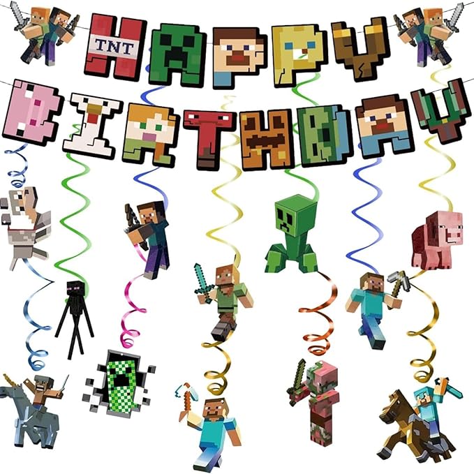 13 Pcs Pixel Game Theme Happy Birthday Decorations, Includes Happy Birthday Banner & Spiral Hanging Decorations, Ideal for Game Theme Birthday Party Decorations