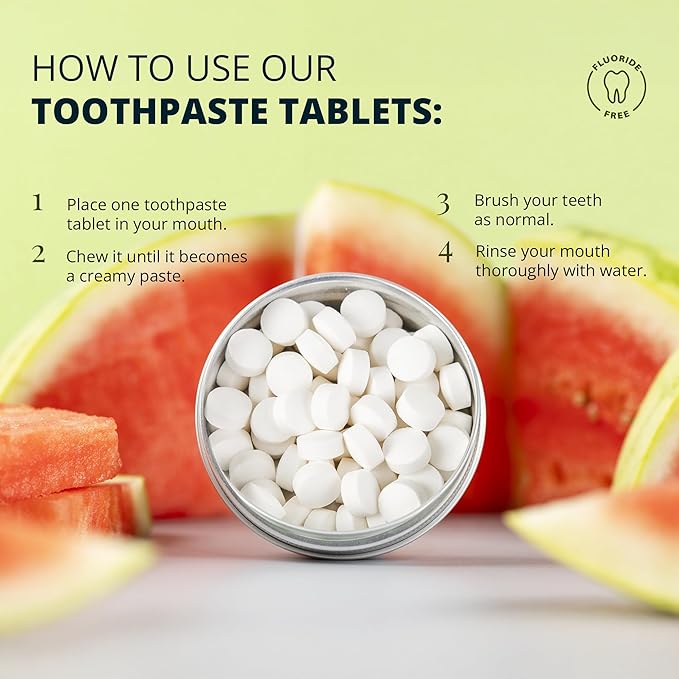 J&L Naturals Toothpaste Tablets | 62-Pack Travel-Friendly Toothpaste | Fluoride + Plastic Free, Vegan, Cruelty Free, Sustainable | Woman-Owned Small Business (Watermelon, 62 Count (Pack of 4))