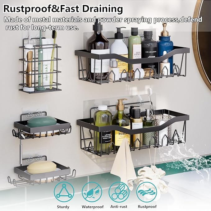 Bathroom Accessories Set - Gorgeous Bathroom Set, 28PC White Bathroom Accessory Set, Shower Curtain with 5PC Adhesive Corner Shower Caddy Hanging, Toilet Brush, Trash Can & Soap Dispenser