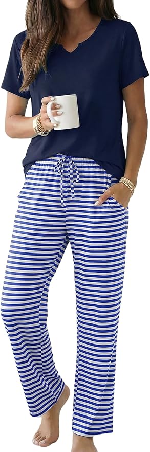 Ekouaer 2 Piece Womens Pajamas V Neck Short Sleeve Top and Long Pants Pjs Print Lounge Set Sleepwear
