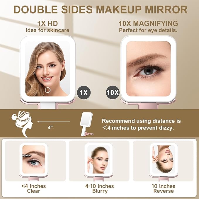 Mocado Travel Makeup Mirror with Lights,10X/1X Magnifying Mirror with Light, Double Sided Travel Mirror with 3 Color Light,Dimmable Touch,Lighted Makeup Mirror for Tabletop,Handheld,Hanging(Rose Pink)