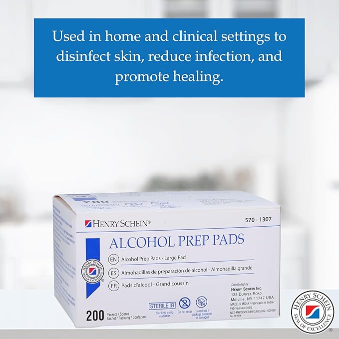 Henry Schein Large Alcohol Prep Pads (2 Boxes, 400 Total) – 70% Isopropyl Alcohol Wipes, Individually Wrapped – 2-Ply, Textured – Skin Prep Alcohol Swabs – Sterile Pads