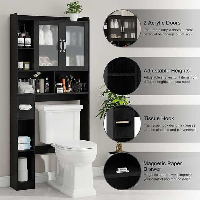 Vabches Over The Toilet Storage Cabinet, Farmhouse Storage Cabinet Over Toilet with Acrylic Doors，Home Space-Saving Toilet Rack, for Bathroom, Restroom, Laundry, Black