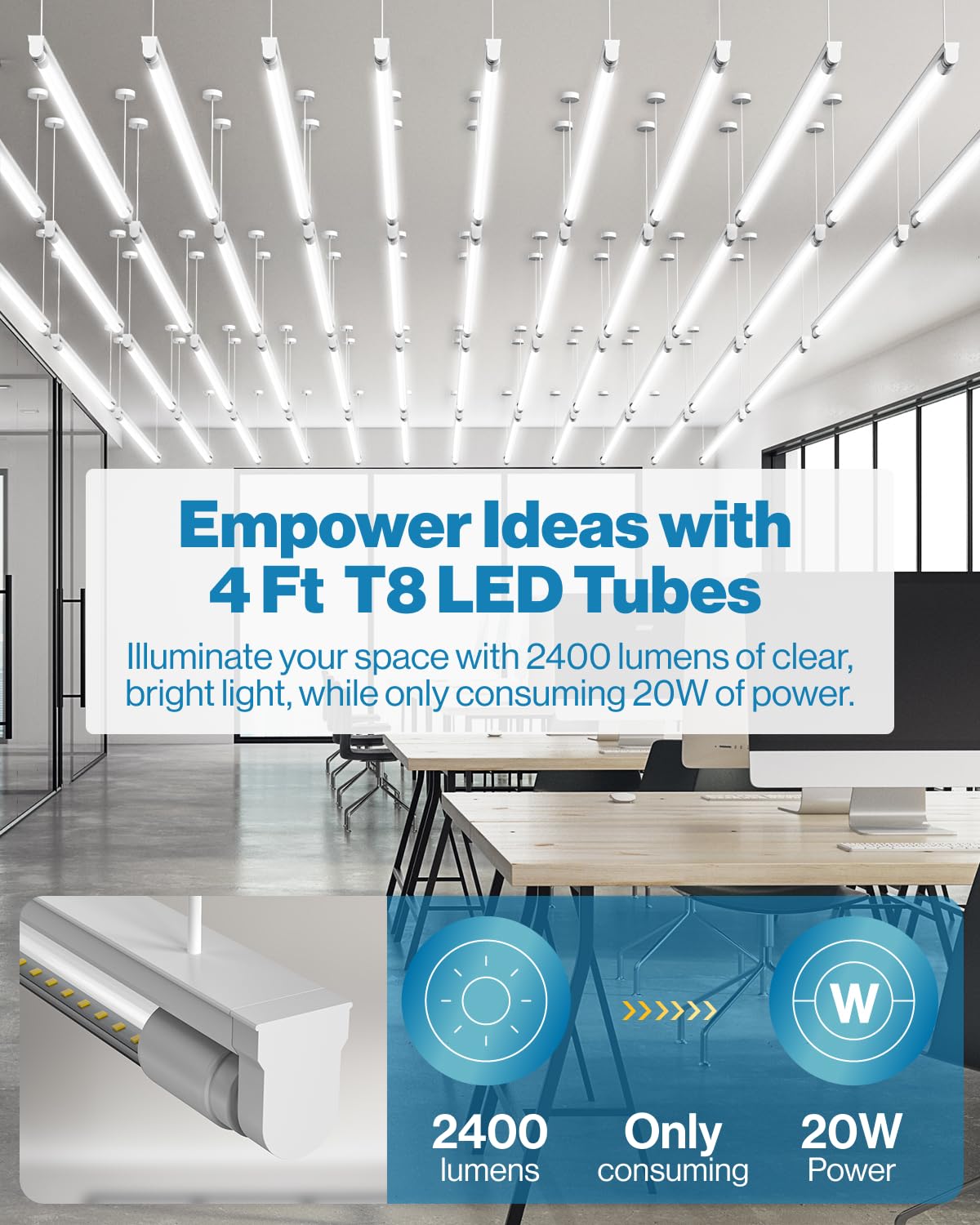 Sunco 30 Pack T8 LED Bulbs 4 Foot, 48 Inch Tube Light Bulbs Fluorescent Replacement, Single or Double Ended Hybrid Type A+B, 2400 LM, 20W, 6000K Daylight Deluxe, Clear Lens ETL.