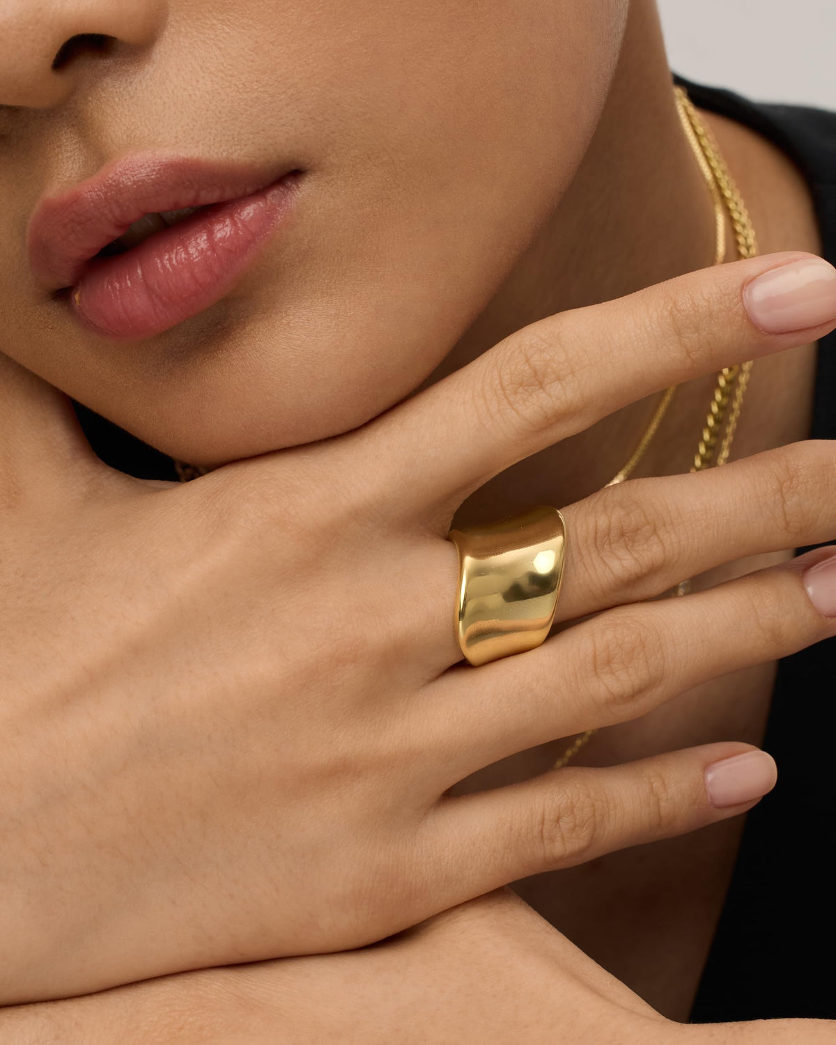 PAVOI 14K Yellow Gold Plated Chunky Statement Ring for Women | Minimalist Stainless Steel Hypoallergenic Wide Wavy Stackable Rings | Size 9